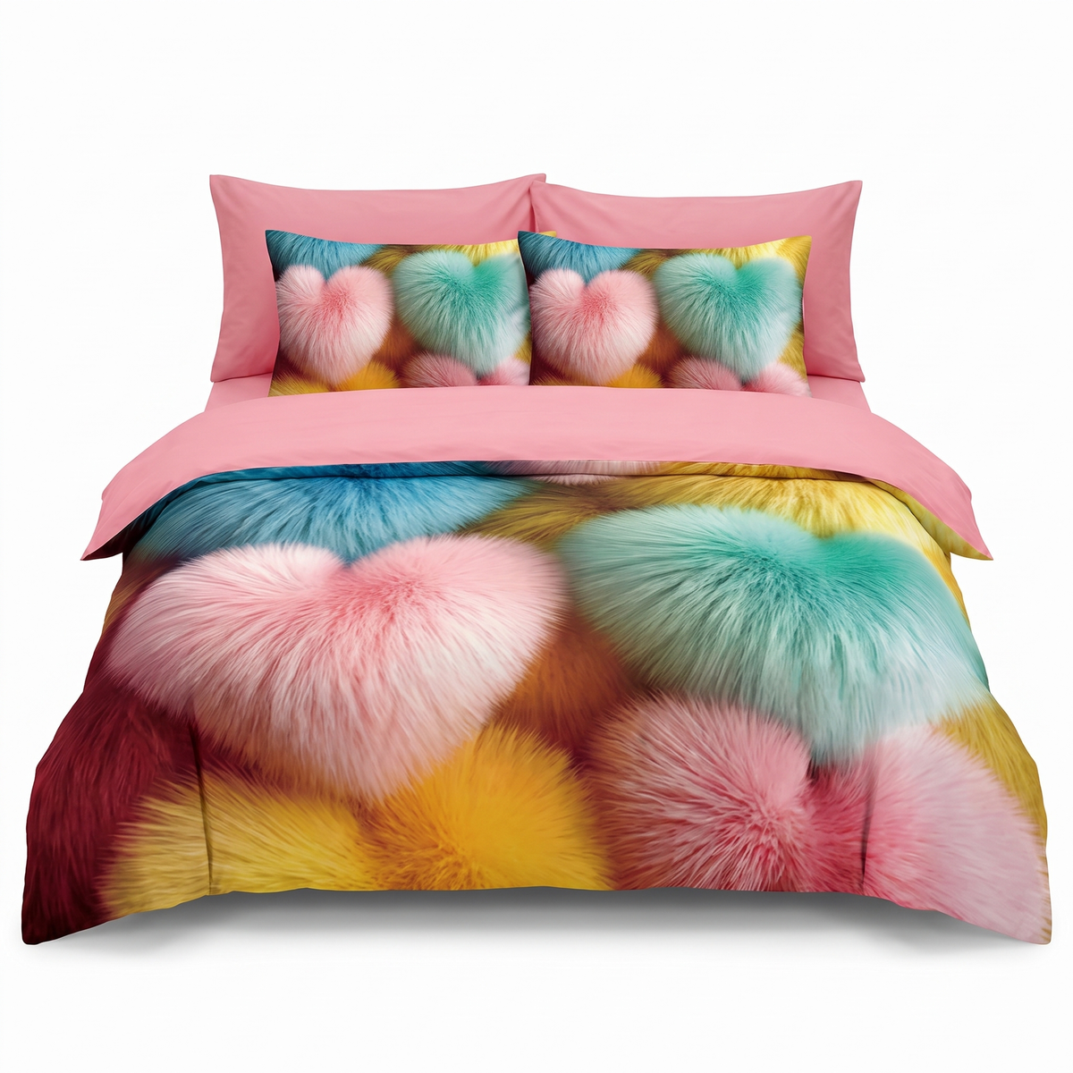 5D Σετ σεντονιών 6 τεμ. με λάστιχο — Πολύχρωμο με καρδιές — μπροστινή όψη