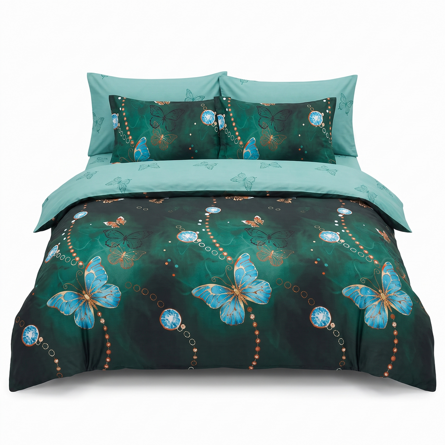 Σετ σεντονιών με λάστιχο, σκούρο πράσινο με πεταλούδες — μπροστινή όψη