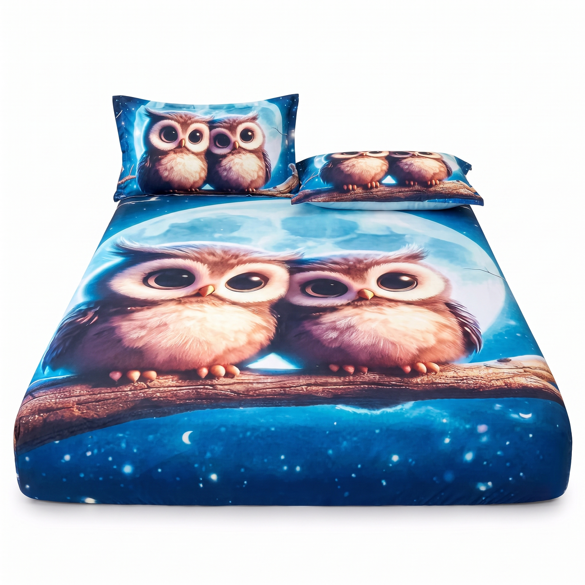 5D Κατωσέντονο με λάστιχο και 2 μαξιλαροθήκες — Μπλε με κουκουβάγιες — μπροστινή όψη
