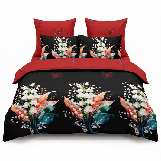 Σετ σεντονιών με λάστιχο σε μαύρο και κόκκινο με λουλούδια — μπροστινή όψη