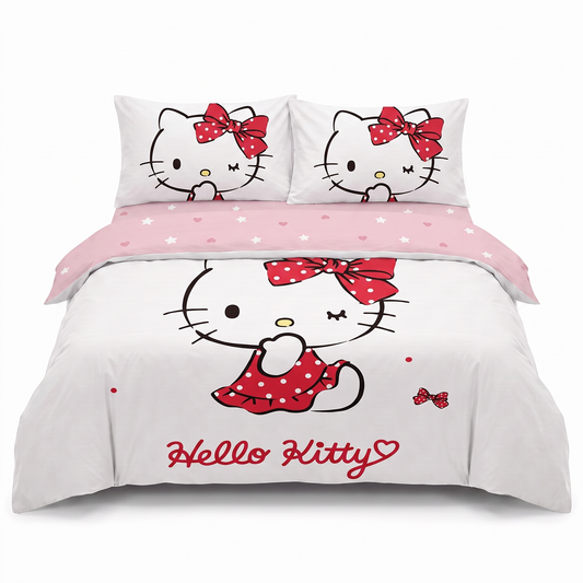 Μονό σετ σεντονιών 3D σε λευκό με Hello Kitty — μπροστινή όψη