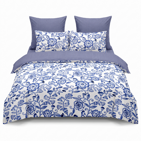 Σετ σεντονιών με λάστιχο σε λευκό και περλέ μωβ με πλέγμα από λουλούδια — μπροστινή όψη